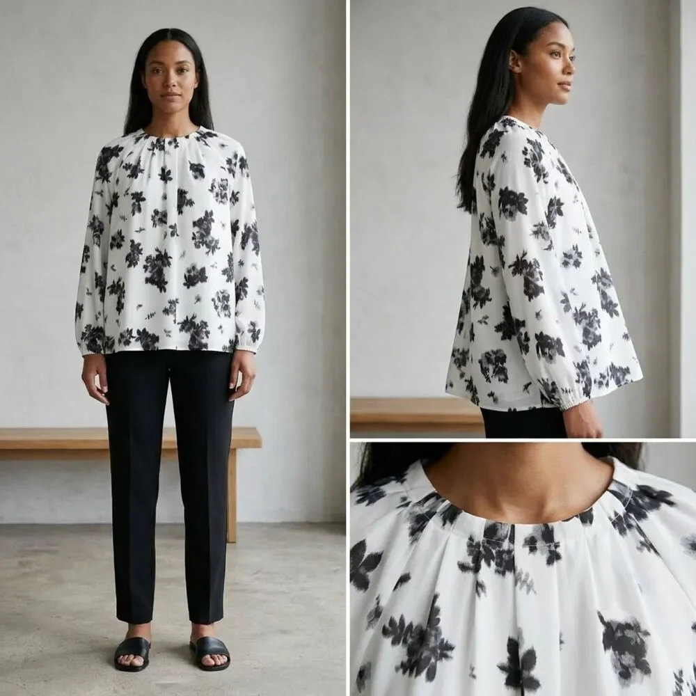 Ann Taylor XXL White Black Watercolor Floral Pleated Neck Long Sleeve Blouse